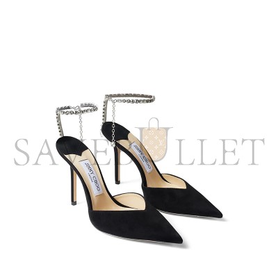 JIMMY CHOO SAEDA 100 BLACK SUEDE PUMPS WITH CRYSTAL EMBELLISHMENT SAEDA100EWA JIMMY CHOO SAEDA 100 BLACK SUEDE PUMPS WITH CRYSTAL EMBELLISHMENT SAEDA100EWA